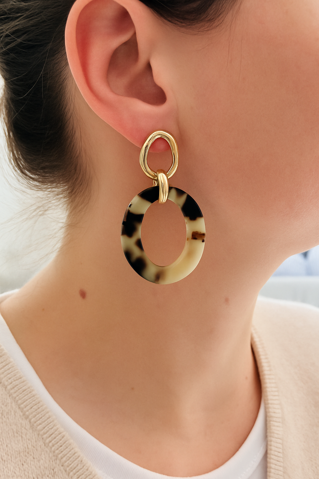 Boucles d’oreilles, dorées, pendantes, ovale, résine léopard