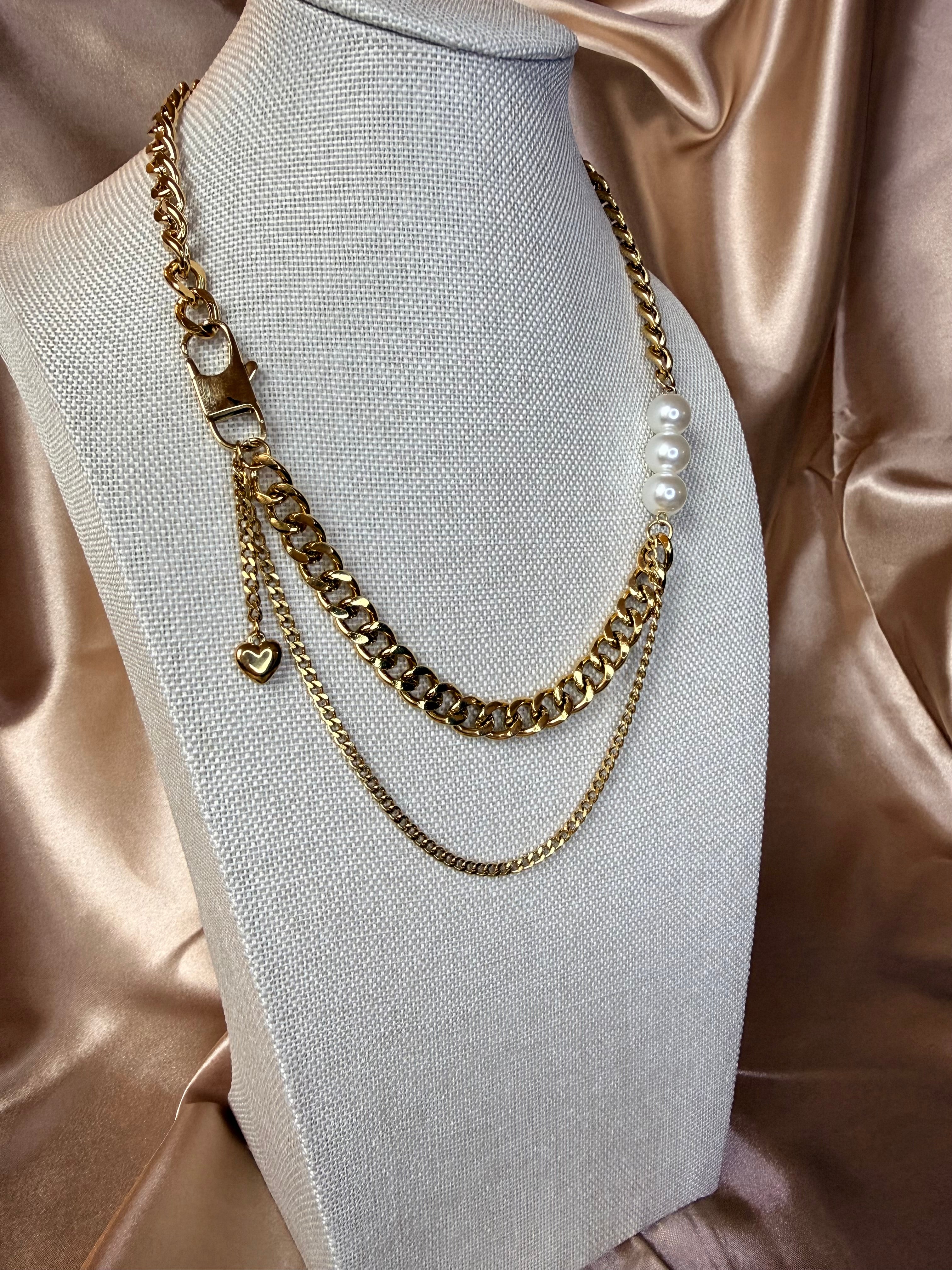 Collier grosse chaîne en acier inoxydable doré et perles