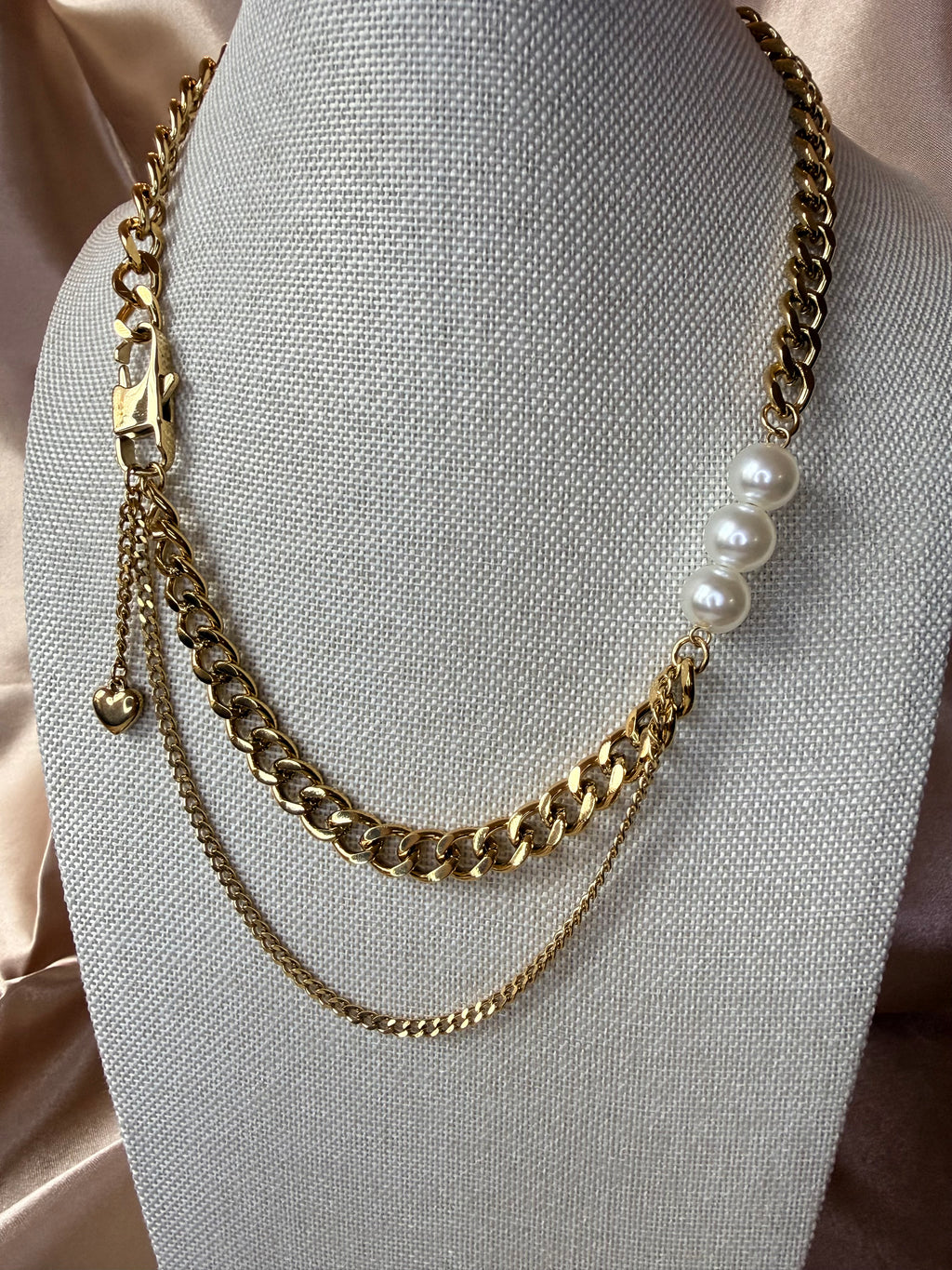 Collier grosse chaîne en acier inoxydable doré et perles
